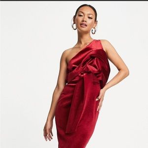 ASOS DESIGN velvet peekaboo shoulder tuck midi pencil dress